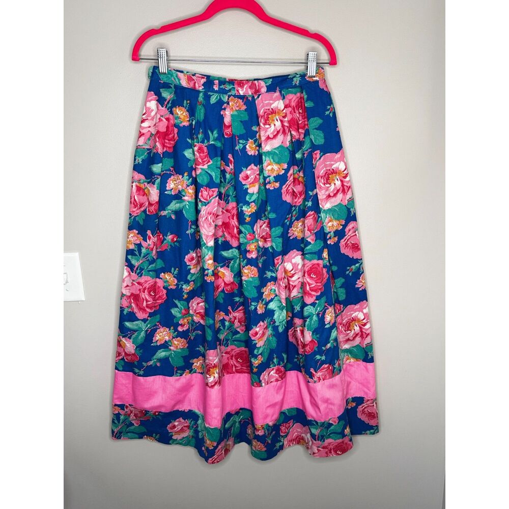Handmade Vintage Blue Floral Maxi Skirt Pink Border Cottagecore Boho Romantic - Picture 3 of 5